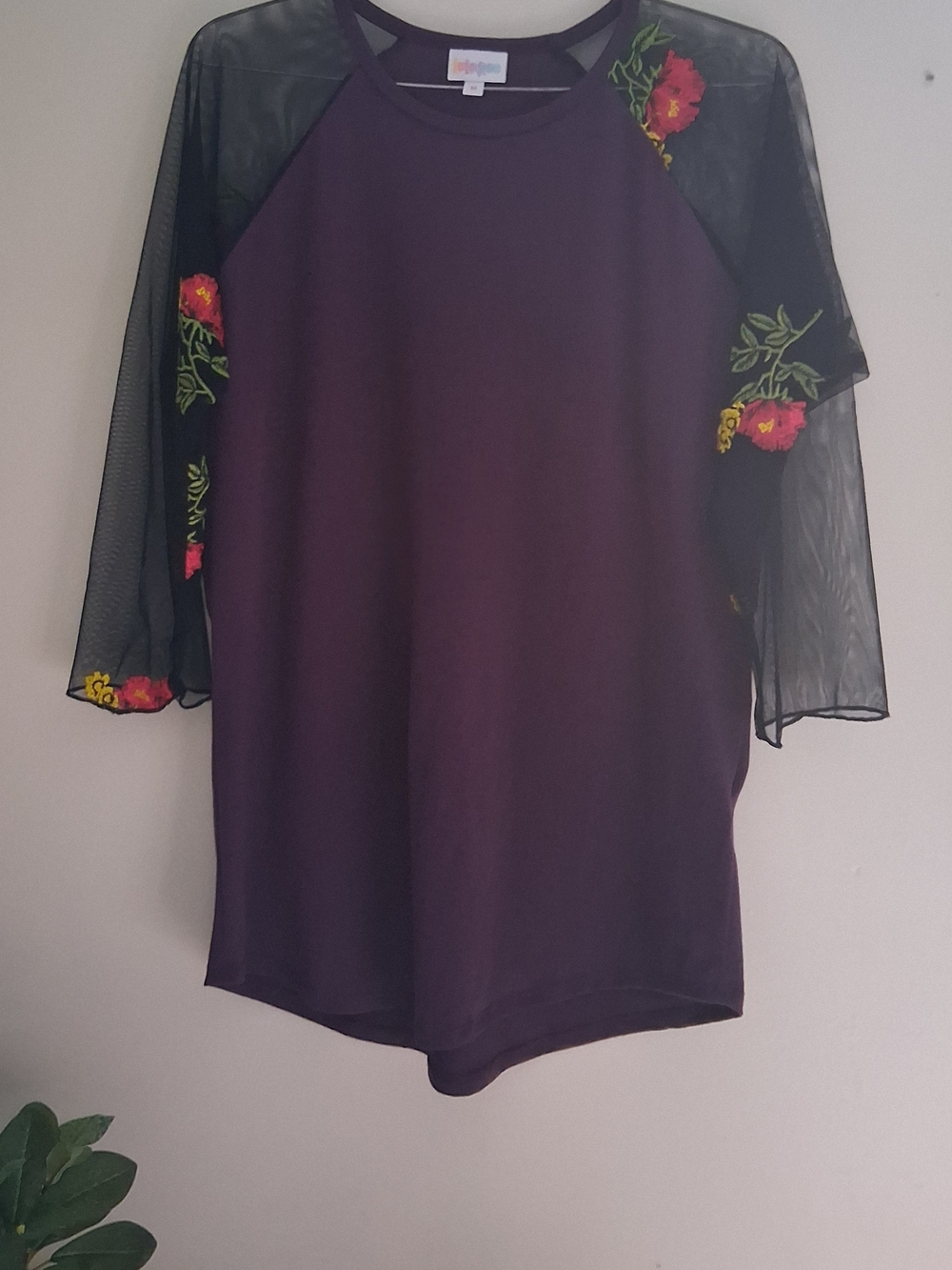 LuLaRoe Purple Top with Sheer Mesh Floral Sleeves